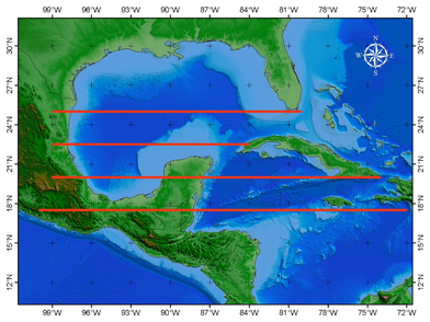  Figura 39. Mapa de cortes longitudinales a lo largo de: 17.5°N, 20.0°,22.5°N y 25°N.