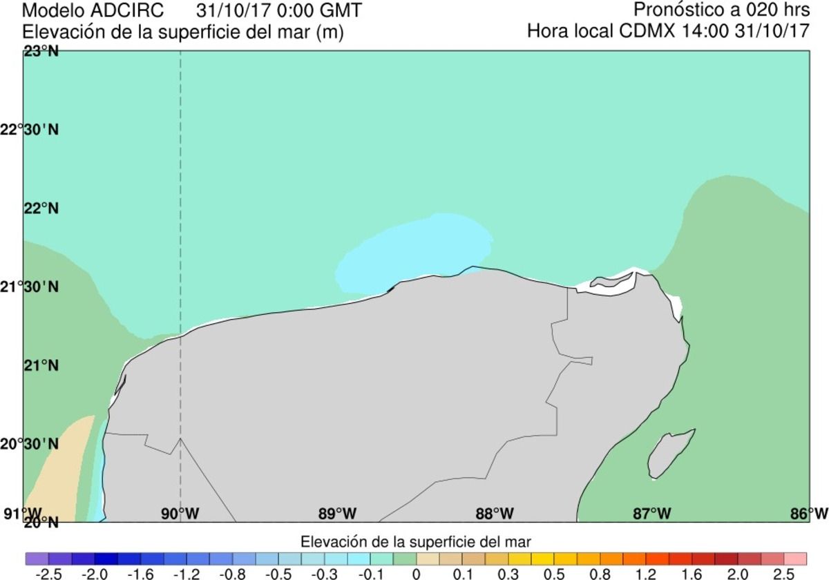  Figura 48. Ejemplo del producto gráfico de elevación de la superficie del mar para el acercamiento a las costas mexicanas al norte de la Península de Yucatán (modelo ADCIRC).