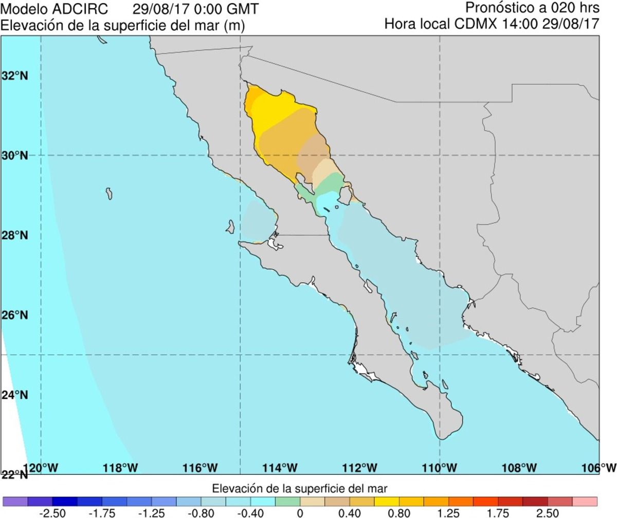 Figura 51.Ejemplo del producto gráfico de elevación de la superficie del mar para el acercamiento a las costas mexicanas en la Península de Baja California (modelo ADCIRC).